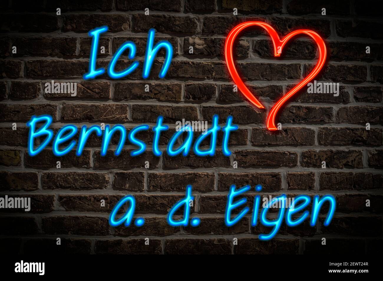 Leuchtreklame, Ich liebe Bernstadt a. d. Eigen; Sachsen, Deutschland, Europa | Illuminated advertising, I love Bernstadt a. d. Eigen, Saxony, Germany, Stock Photo