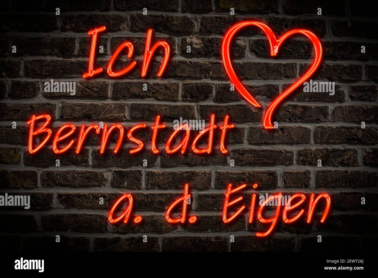Leuchtreklame, Ich liebe Bernstadt a. d. Eigen; Sachsen, Deutschland, Europa | Illuminated advertising, I love Bernstadt a. d. Eigen, Saxony, Germany, Stock Photo