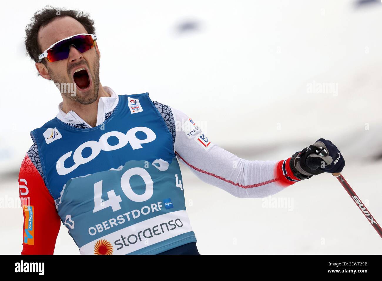 Oberstdorf, Germany. 03rd Mar, 2021. Nordic skiing: World Championships, cross-country - 15 km freestyle, men. Hans Christer Holund from Norway cheers at the finish. Credit: Karl-Josef Hildenbrand/dpa/Alamy Live News Stock Photo
