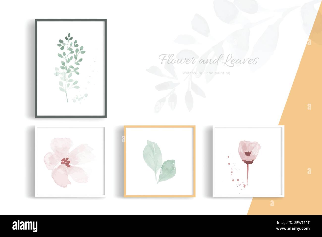 Minimalist style decorative art picture with flowers and leaves watercolor hand painted. Abstract vector elements decorative design of postcards, prin Stock Vector