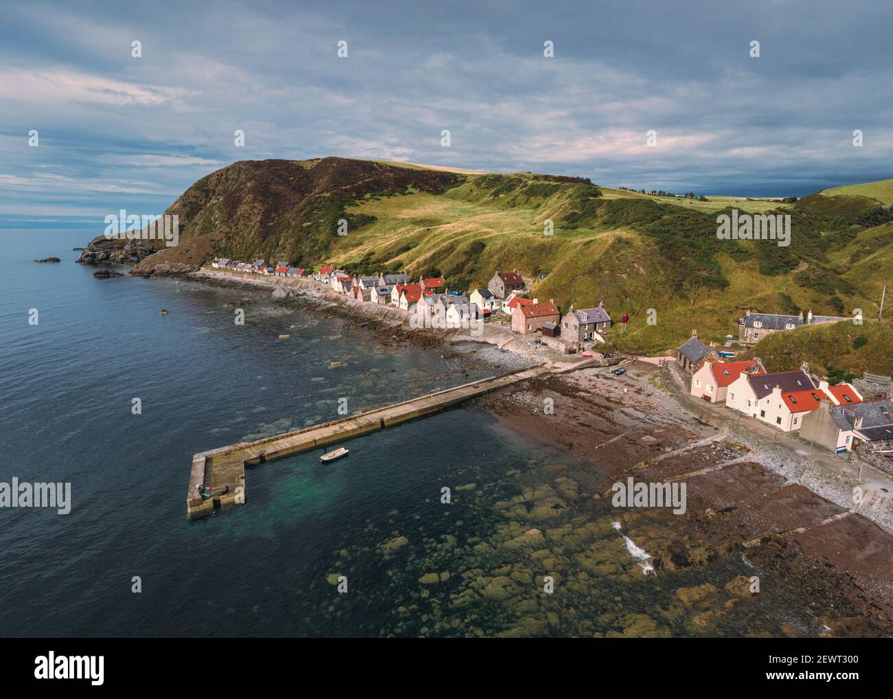 An aerial view of the small fishing village of Crovie on the northern coast of Aberdeenshire, Scotland, UK Stock Photo