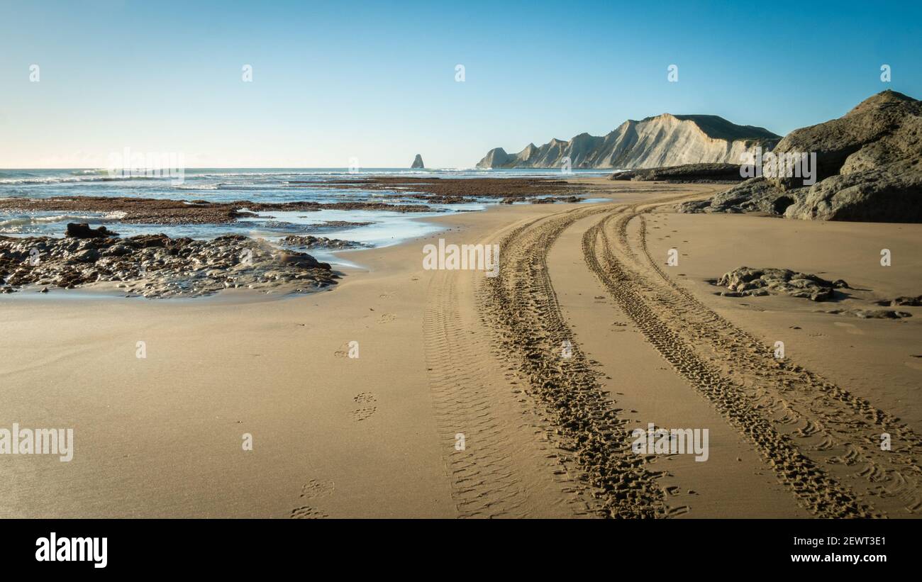 Beach scenery with quad bike trails in sand leading to cape in distance, blue cloudless sky backdrop. Shot at Cape Kidnappers Trail, Hawke´s Bay Stock Photo