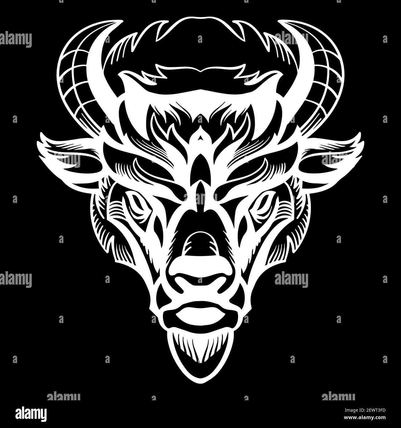 Mascot. Vector head of bison. White illustration of danger wild bull isolated on black background. For decoration, print, design, logo, sport clubs, t Stock Vector