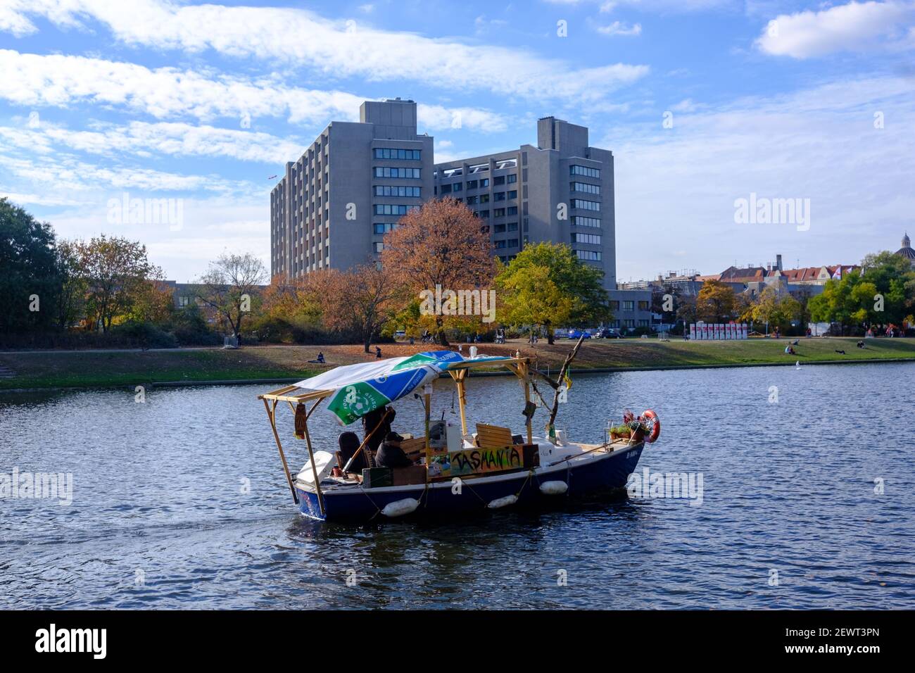 View of the brutalist Bettenhaus building of the Urbankrankenhaus (hospital at Urban) in the Kreuzberg quarter of Berlin, Germany on a beautiful fall Stock Photo
