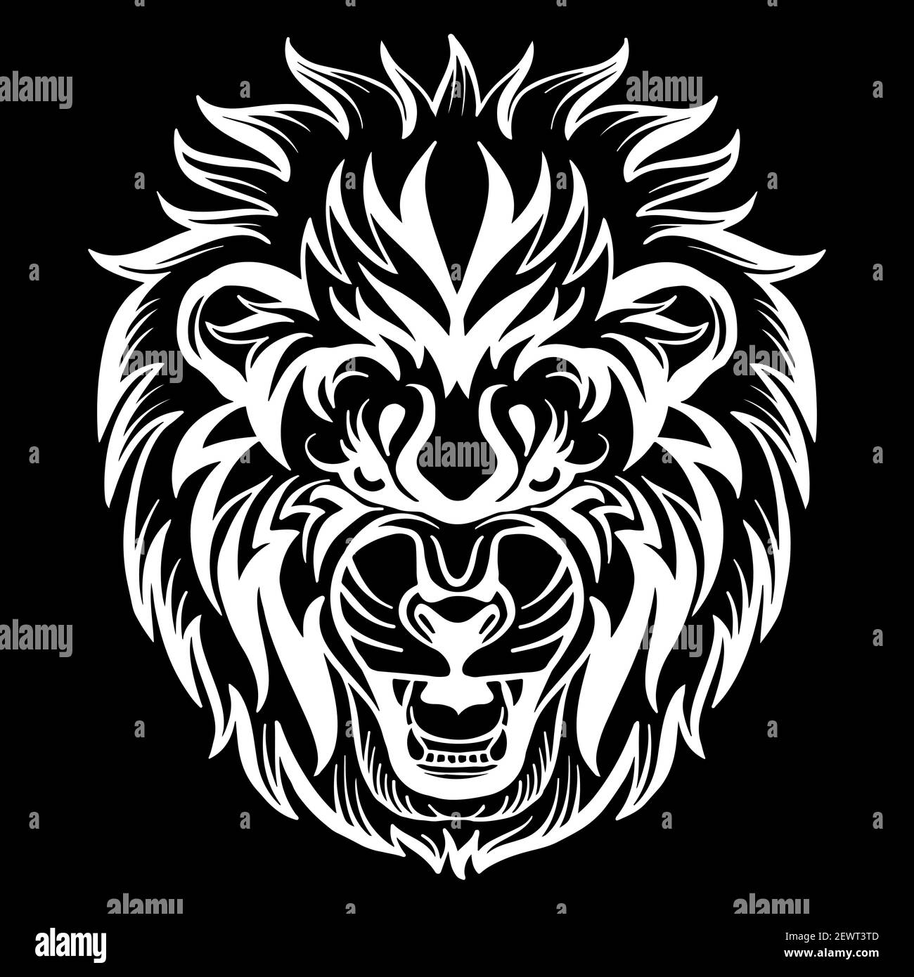 Mascot. Vector head of lion. White illustration of danger wild cat isolated on black background. For decoration, print, design, logo, sport clubs, tat Stock Vector