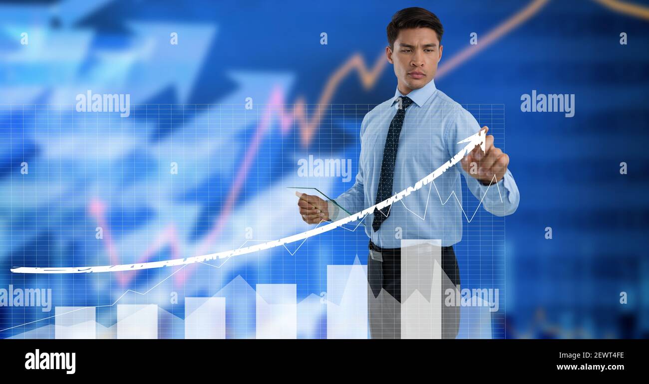 Arrow with statistics over man using interactive digital screen Stock ...
