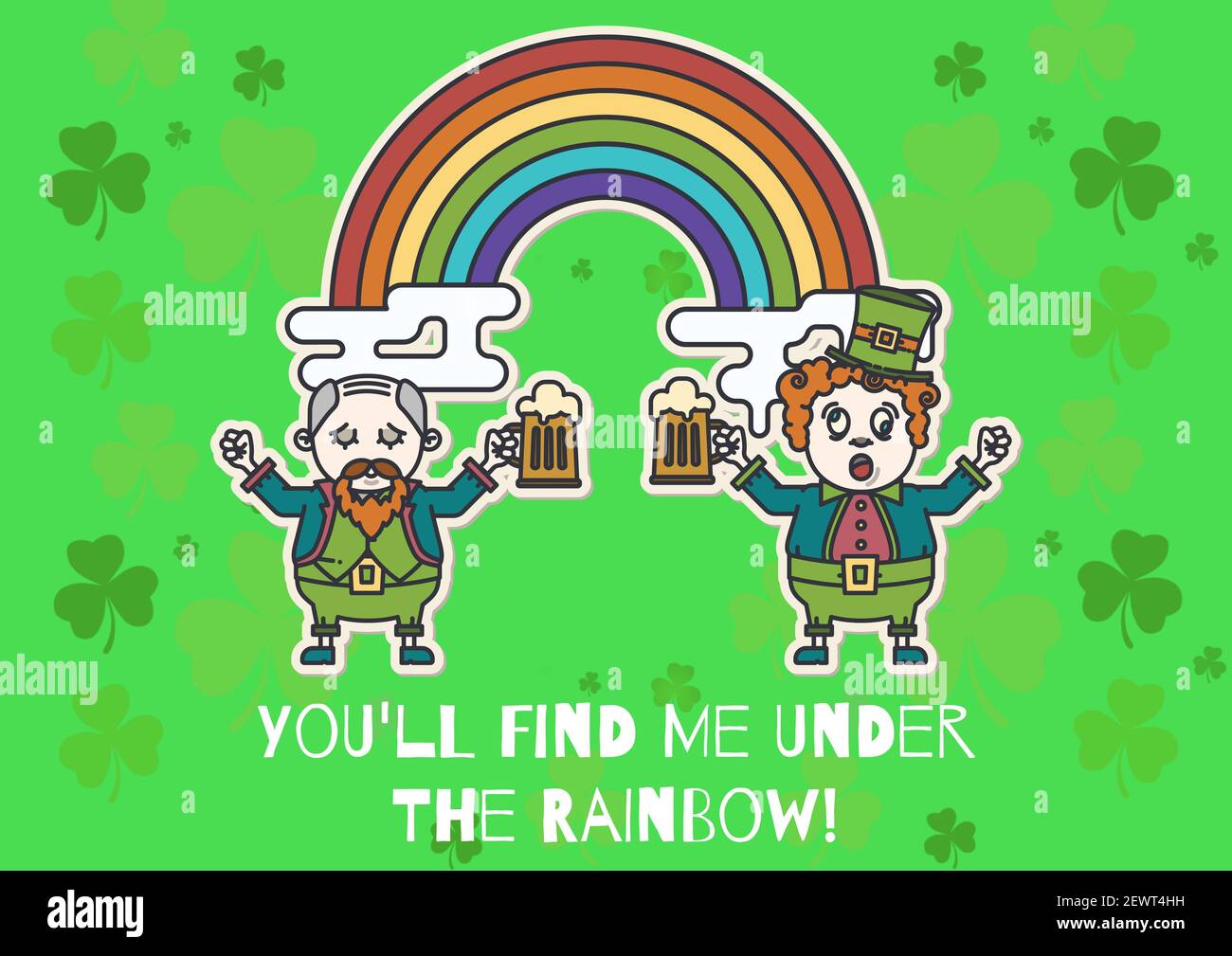 You'll find me under the rainbow text with leprechauns holding glasses of beer on green background Stock Photo