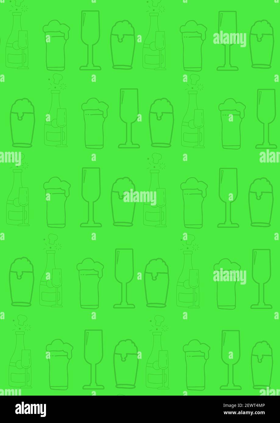 Multiple rows of drink glasses pattern on green background Stock Photo
