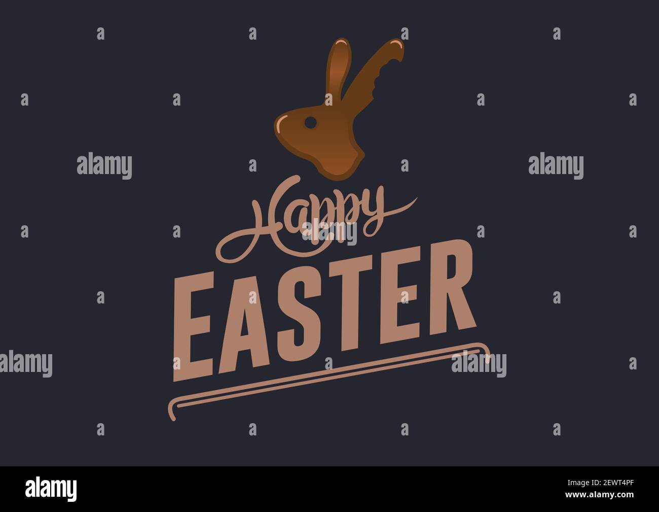 Happy easter text with chocolate easter bunny with piece of ear bitten