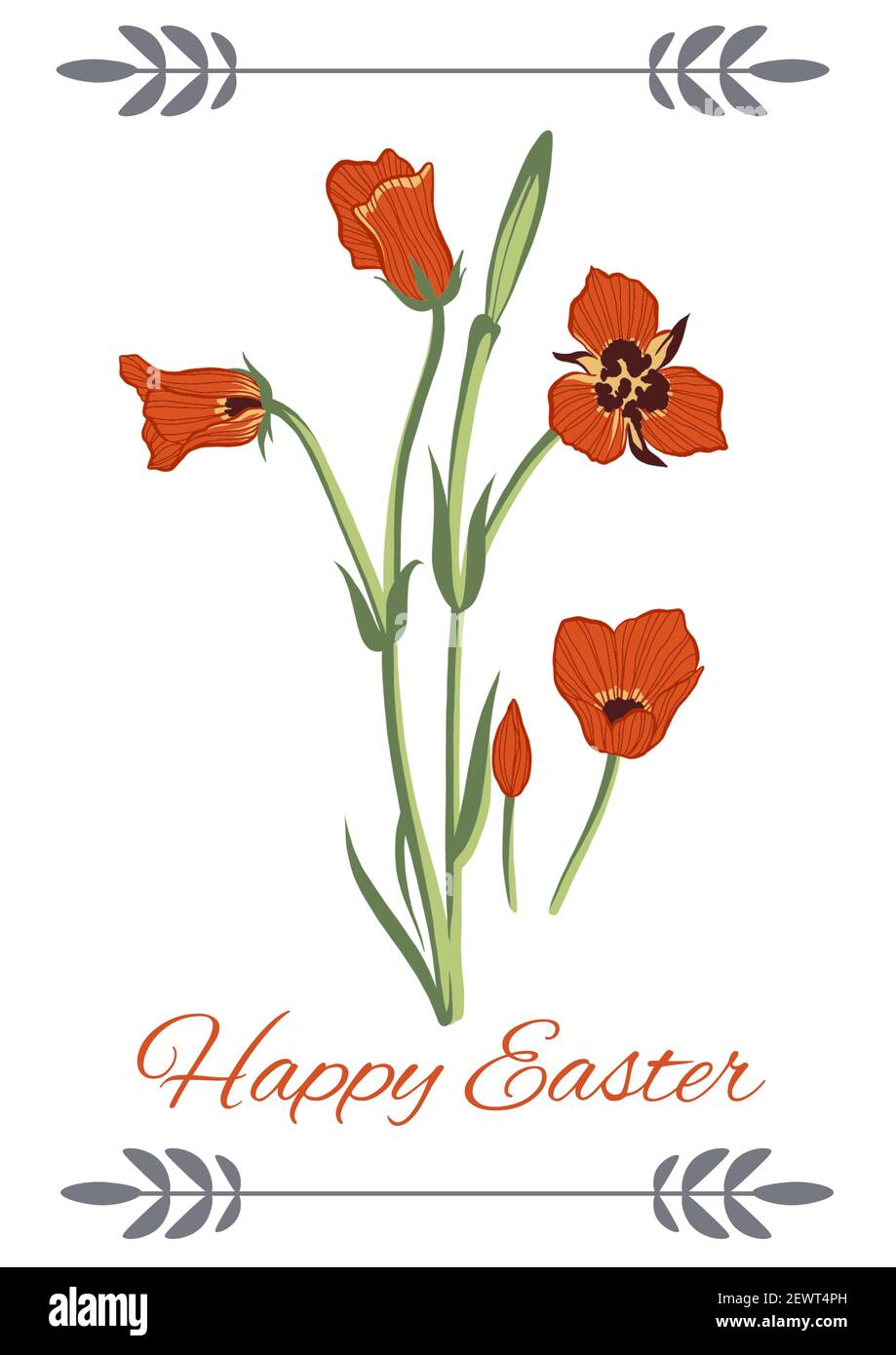 Happy easter text with red flowers on white background Stock Photo