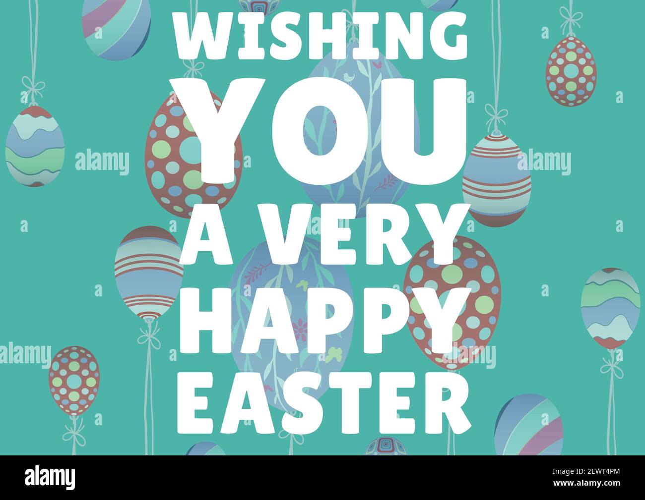 Wishing you a very happy easter text with easter eggs on green background Stock Photo