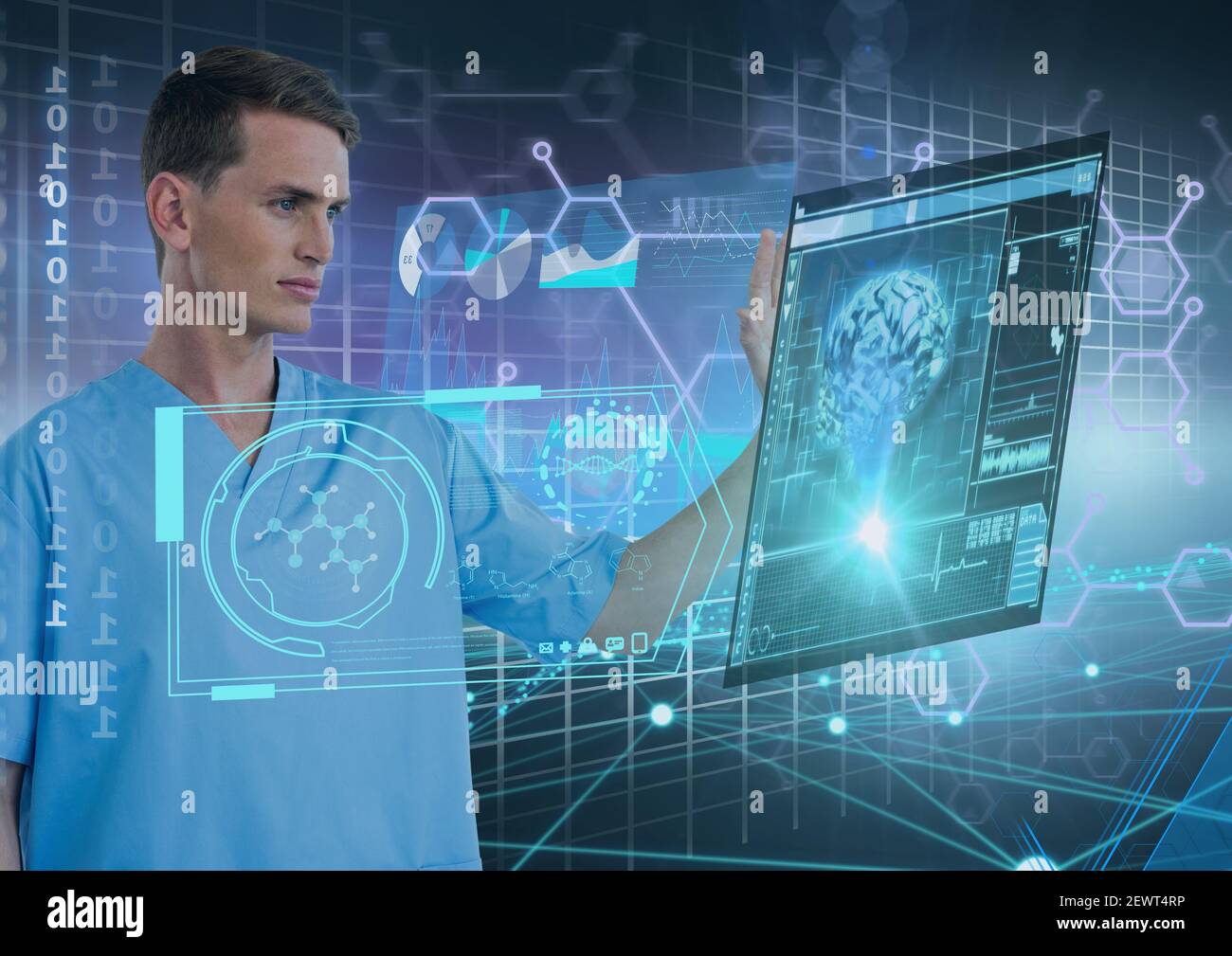 Male doctor touching screen with scientific data processing and human ...