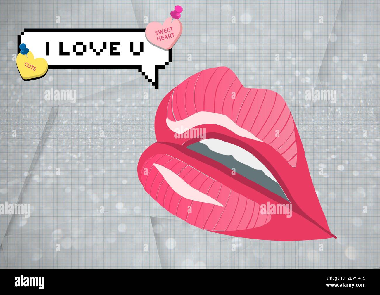 I love u text in speech bubble with hearts with pink lips on pixelated grey background Stock Photo
