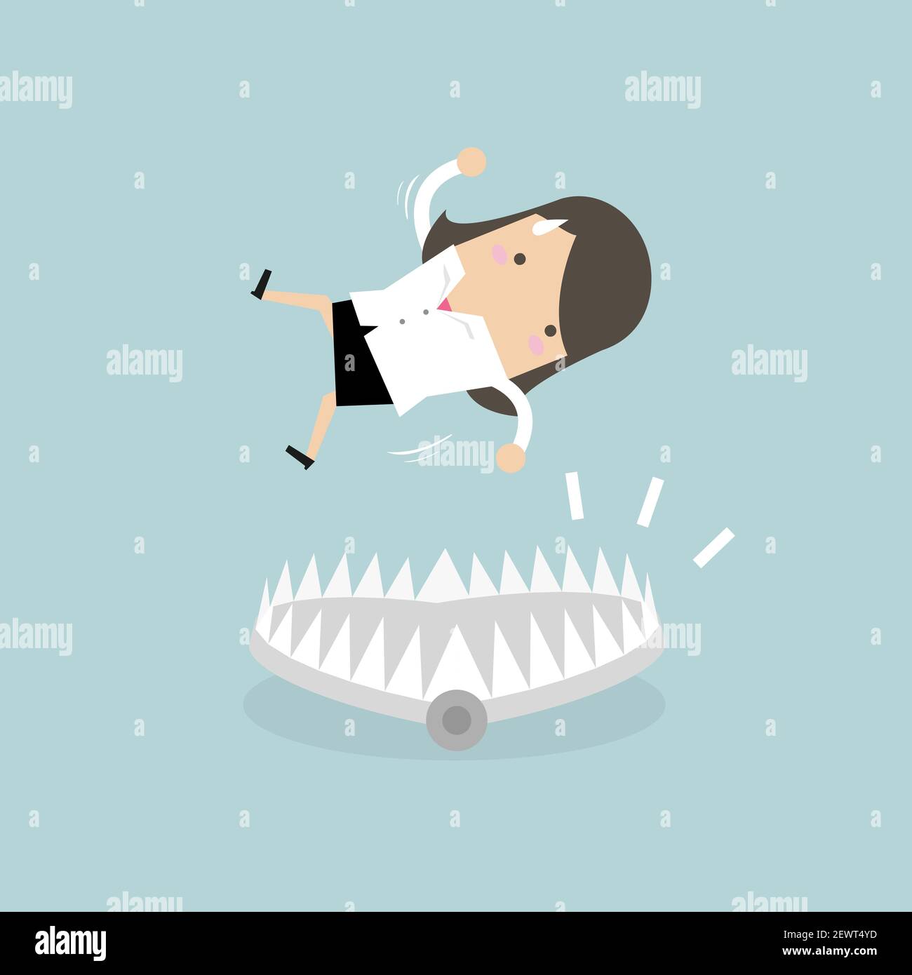 Businesswoman falling into bear trap. Stock Vector