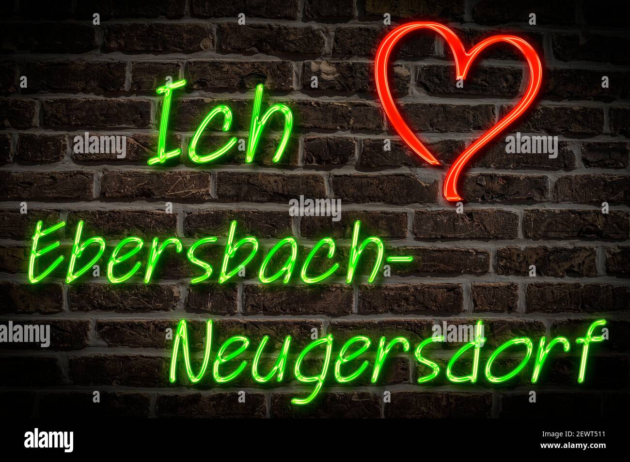 Leuchtreklame, Ich liebe Ebersbach-Neugersdorf, Sachsen, Deutschland, Europa | Illuminated advertising, I love Ebersbach-Neugersdorf, Saxony, Germany, Stock Photo