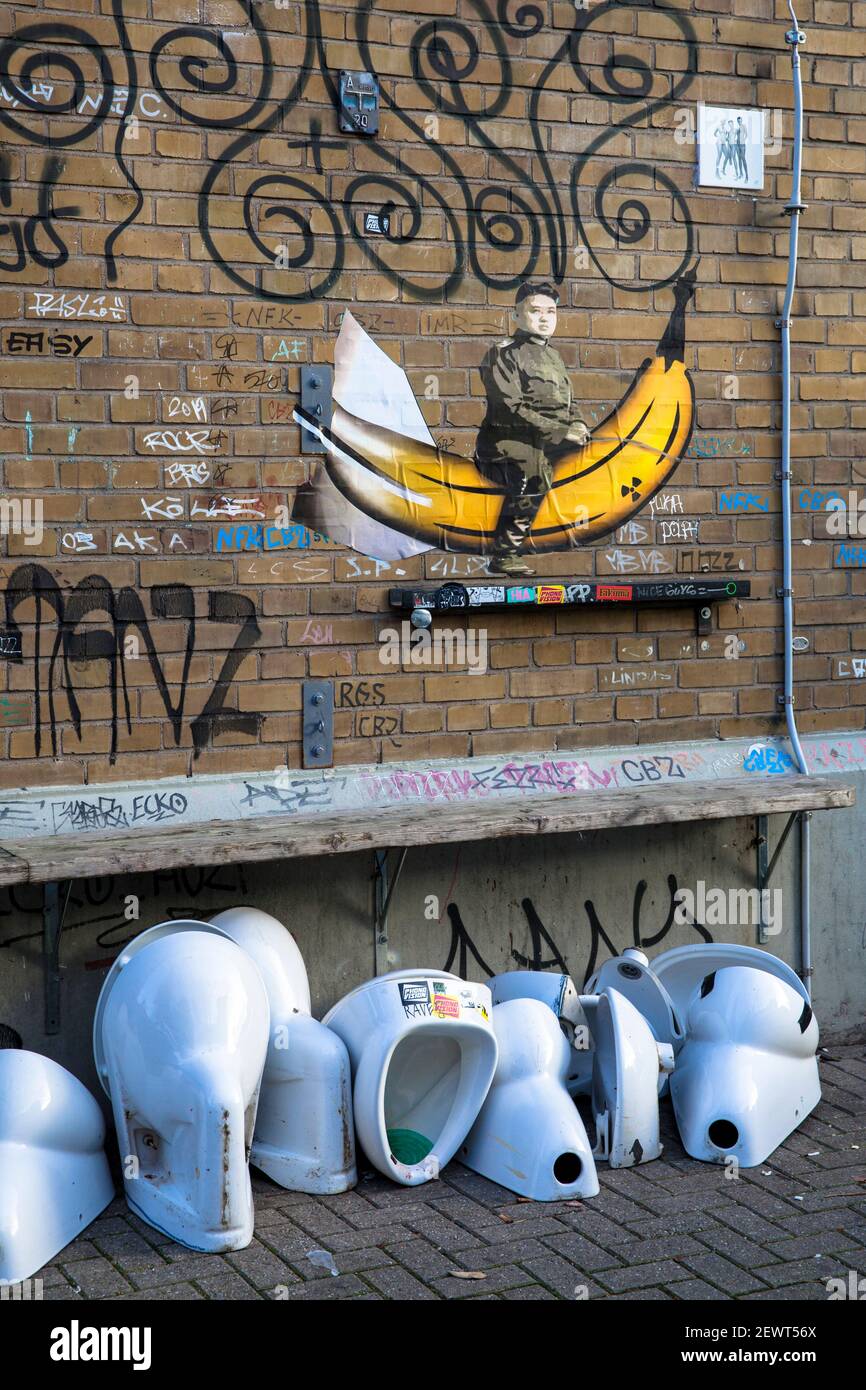 graffiti of North Korean dictator Kim Jong-un on his nuclear banana and old urinals and toilet bowls at Cologne West station, Cologne, Germany.  Graff Stock Photo