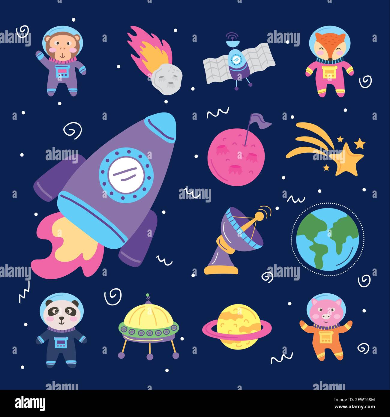 set space icons and animals Stock Vector