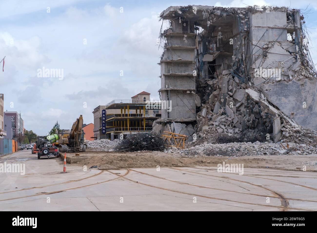 NEW ORLEANS, LA, USA - FEBRUARY 28, 2021: Remains of collapsed Hard Rock Hotel on Rampart Street Stock Photo