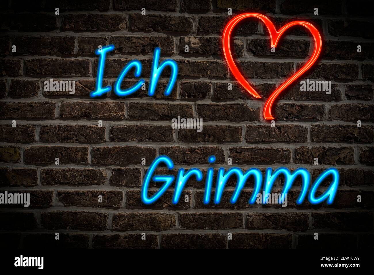 Leuchtreklame, Ich liebe Grimma, Sachsen, Deutschland, Europa | Illuminated advertising, I love Grimma, Saxony, Germany, Europe Stock Photo