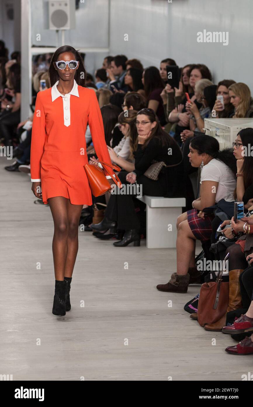Young white female model, close up of face, on runway at London Fashion Weekend fashion show, London Stock Photo