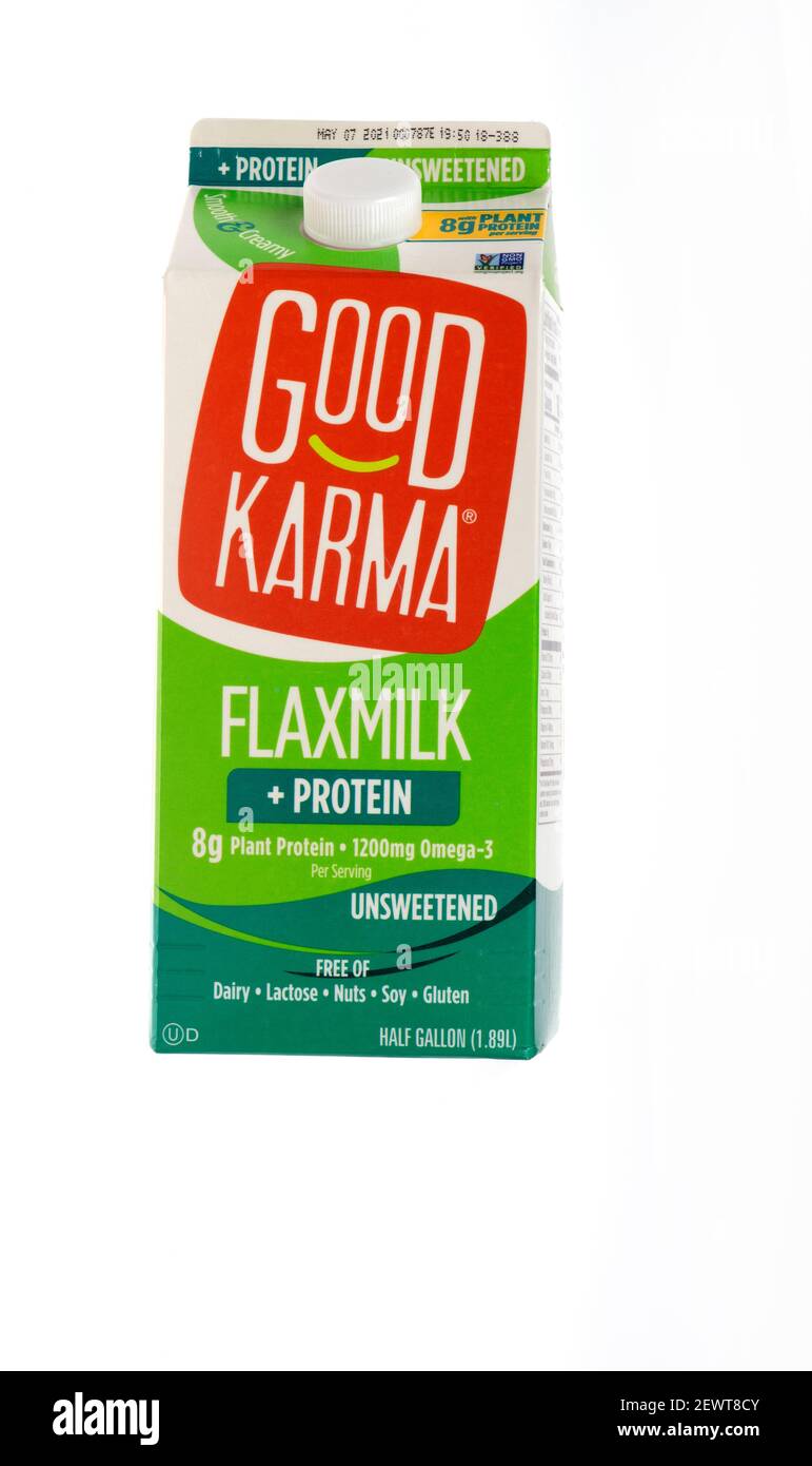 Good Karma Flax Milk Unseetened Dairy Alternative 1/2 Gallon Container Stock Photo