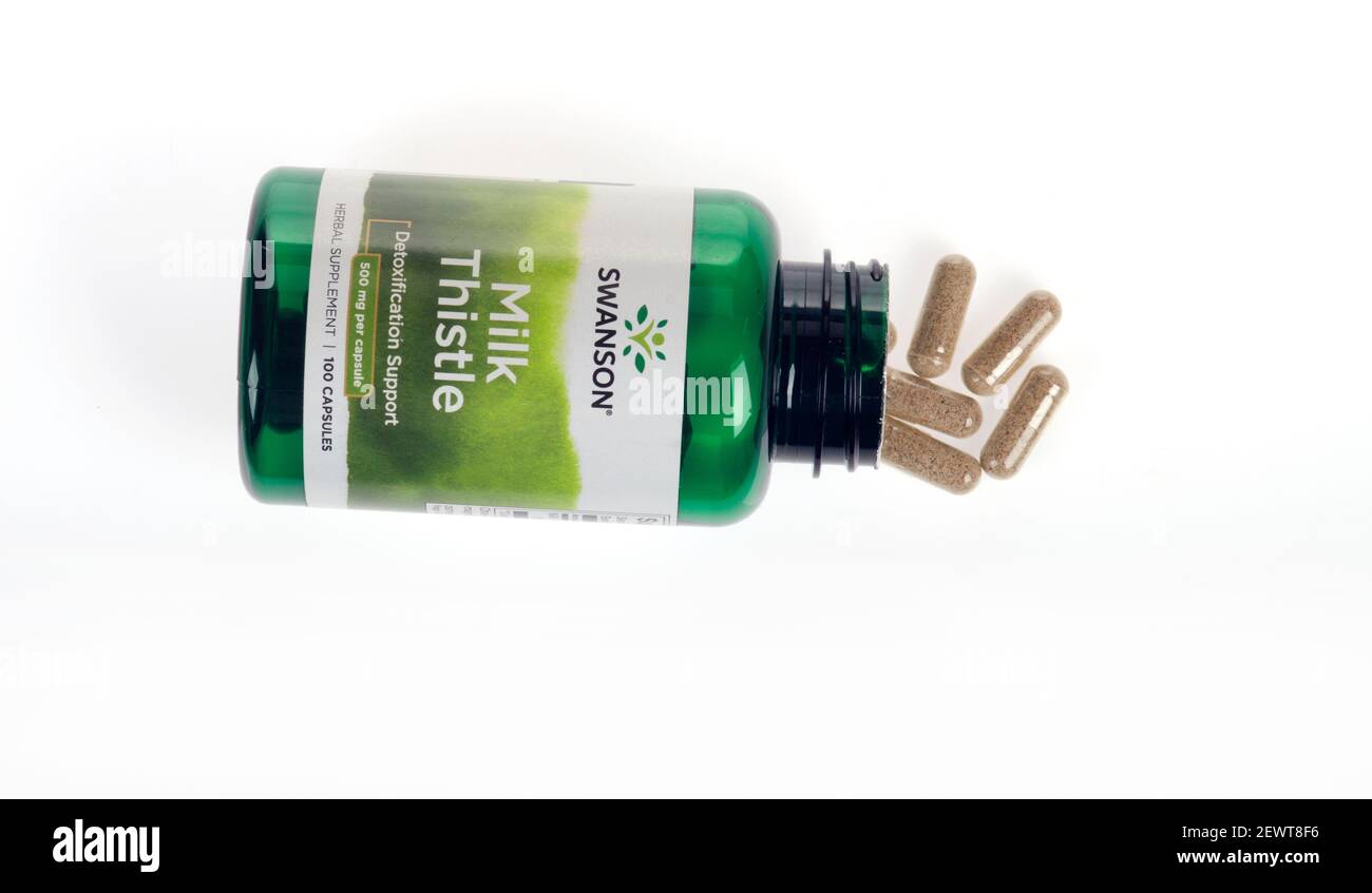 Bottle of Swanson Milk Thistle Herbal Supplements for Liver Detoxification Support Stock Photo