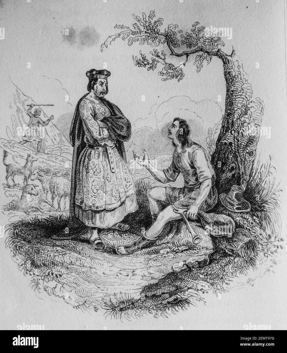 le roi les deux bergers, fables de florian illustrees par victor adam ,editeur delloye,desme 1838 Stock Photo