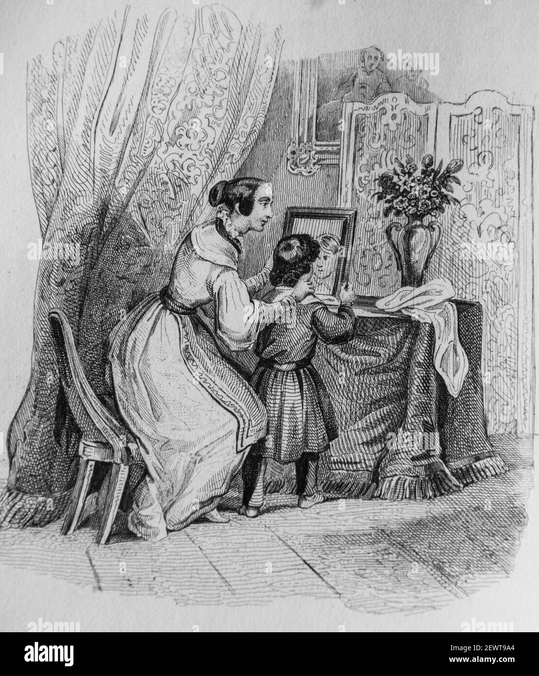 l'enfant et le miroir, fables de florian illustrees par victor adam ,editeur delloye,desme 1838 Stock Photo
