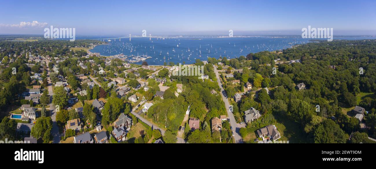 Claiborne Pell Newport Bridge on Narragansett Bay and town of Jamestown aerial view in summer, Jamestown on Conanicut Island, Rhode Island RI, USA. Stock Photo