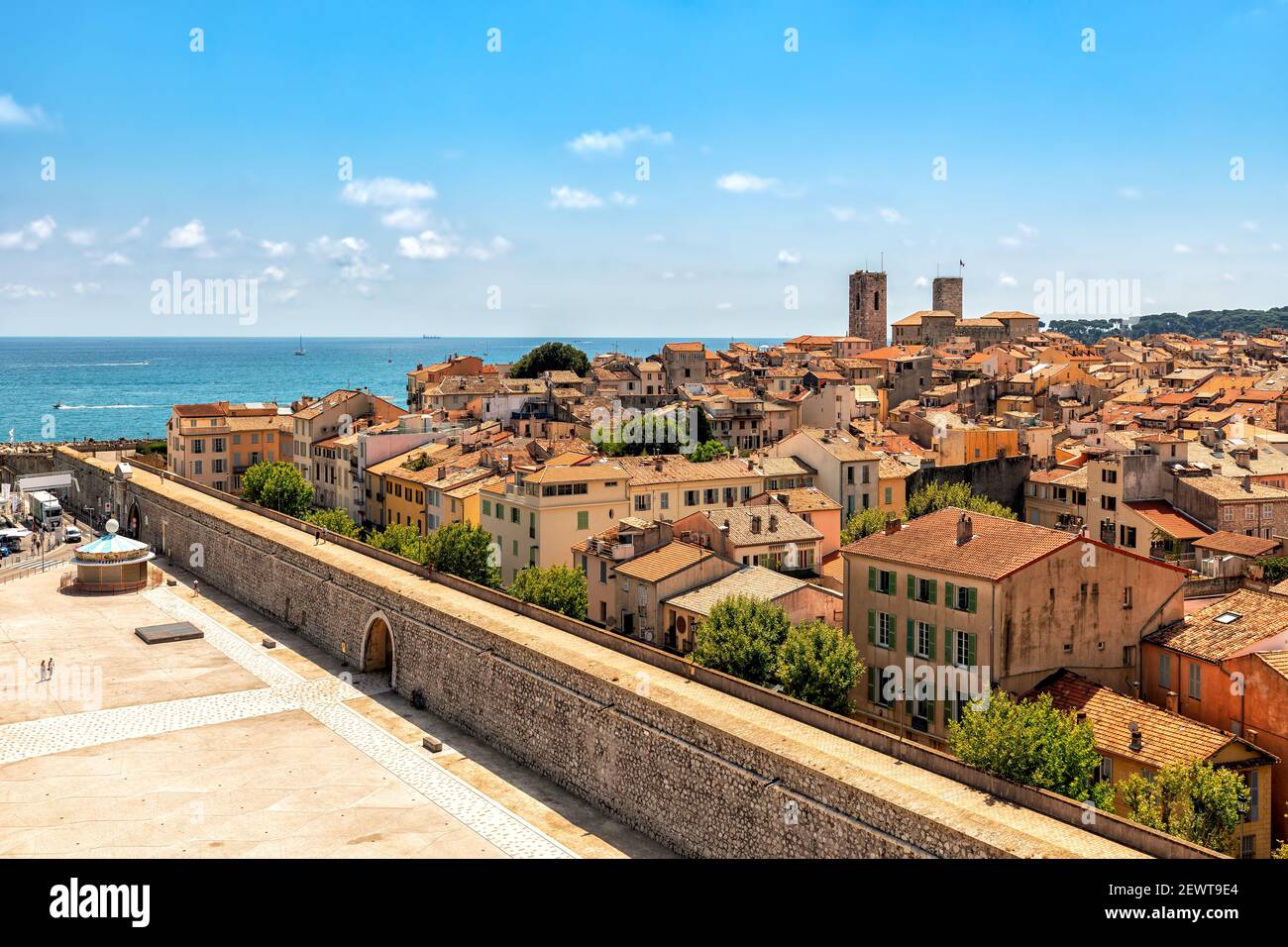 View from above on old town of Antibes under blue sky as Mediterranean sea on background on French Riviera. Stock Photo