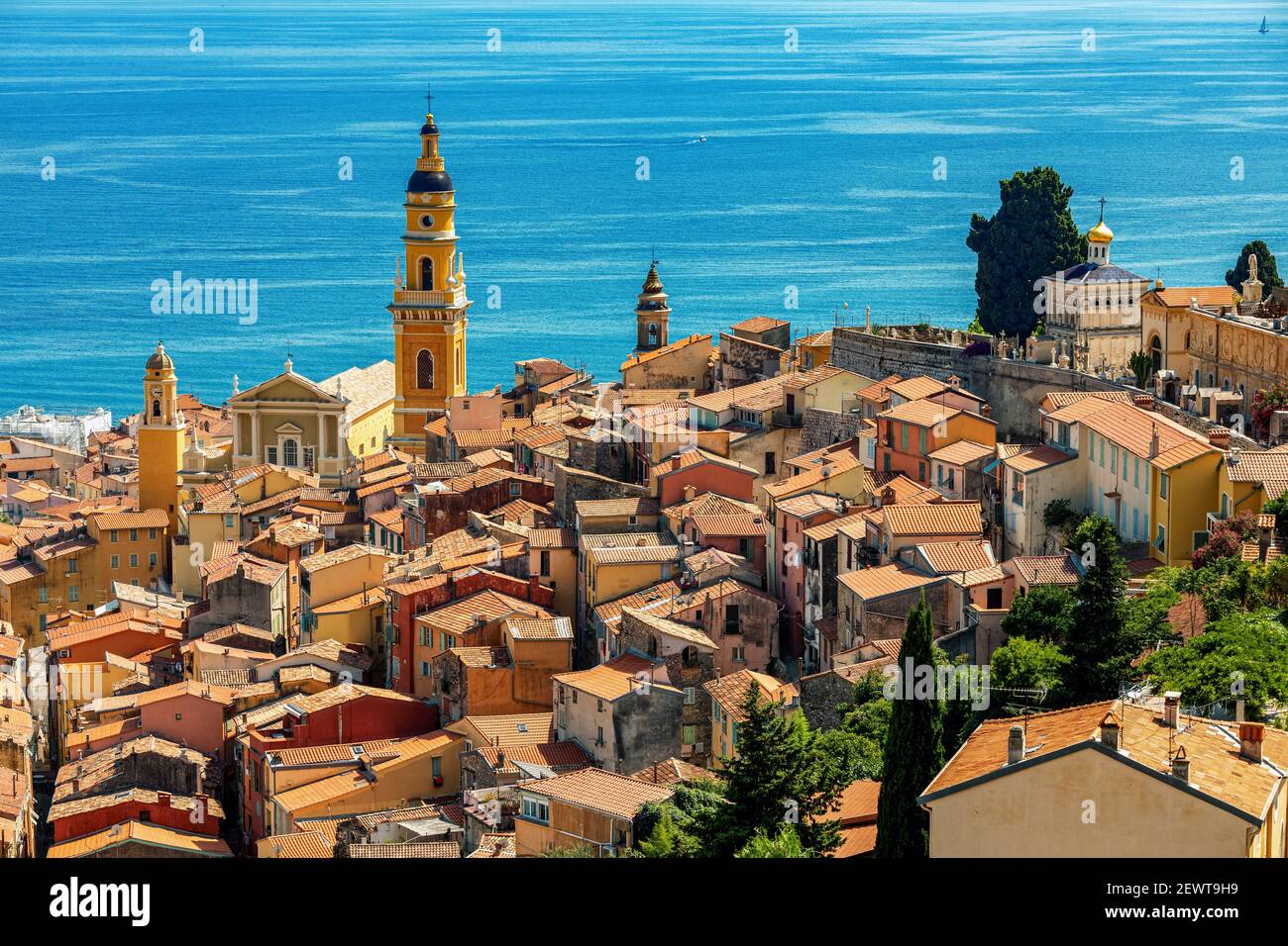 View from above on old town of Menton overlooking Mediterranean sea on French Riviera. Stock Photo