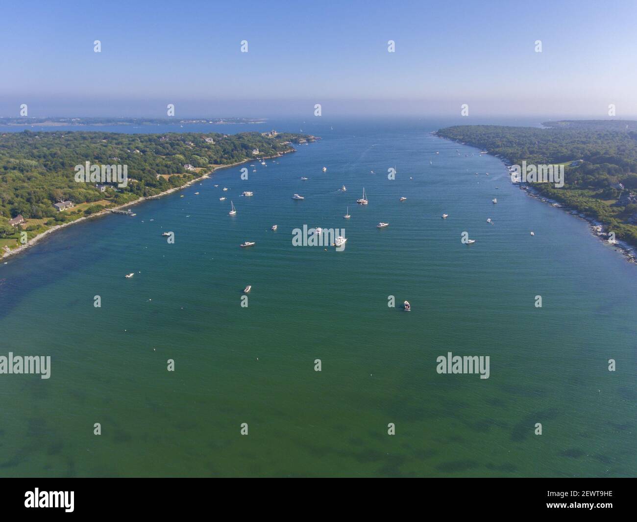 Mackeral Cove at Narragansett Bay aerial view in summer, Jamestown