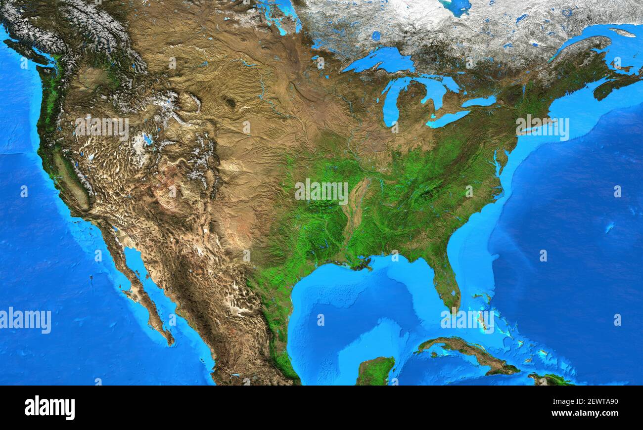 Physical map of The United States of America. Geography and topography of The USA. Detailed flat view of the Planet Earth - Elements furnished by NASA Stock Photo