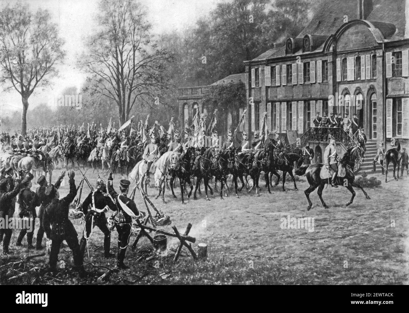 A vintage illustration of German cavalry troops parading at the surrender of Metz on 27 October 1870 during the Franco Prussian war.  A conflict between the Second French Empire and the German states of the North German Confederation led by the Kingdom of Prussia it lasted from 19 July 1870 to 28 January 1871 Stock Photo