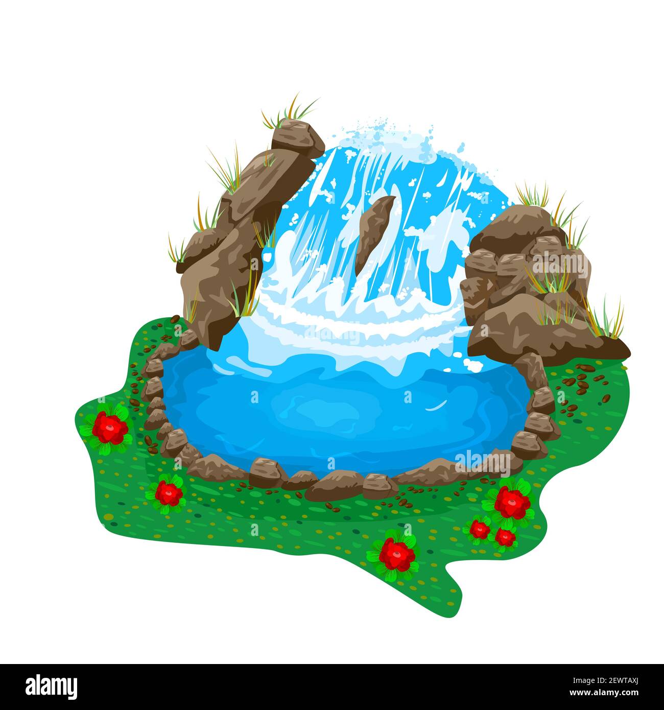 Small pond with a waterfall,isolated.River stream flowing rocks to little lake. Landscape of cascade falling water,stones and dam.Vector illustration Stock Vector