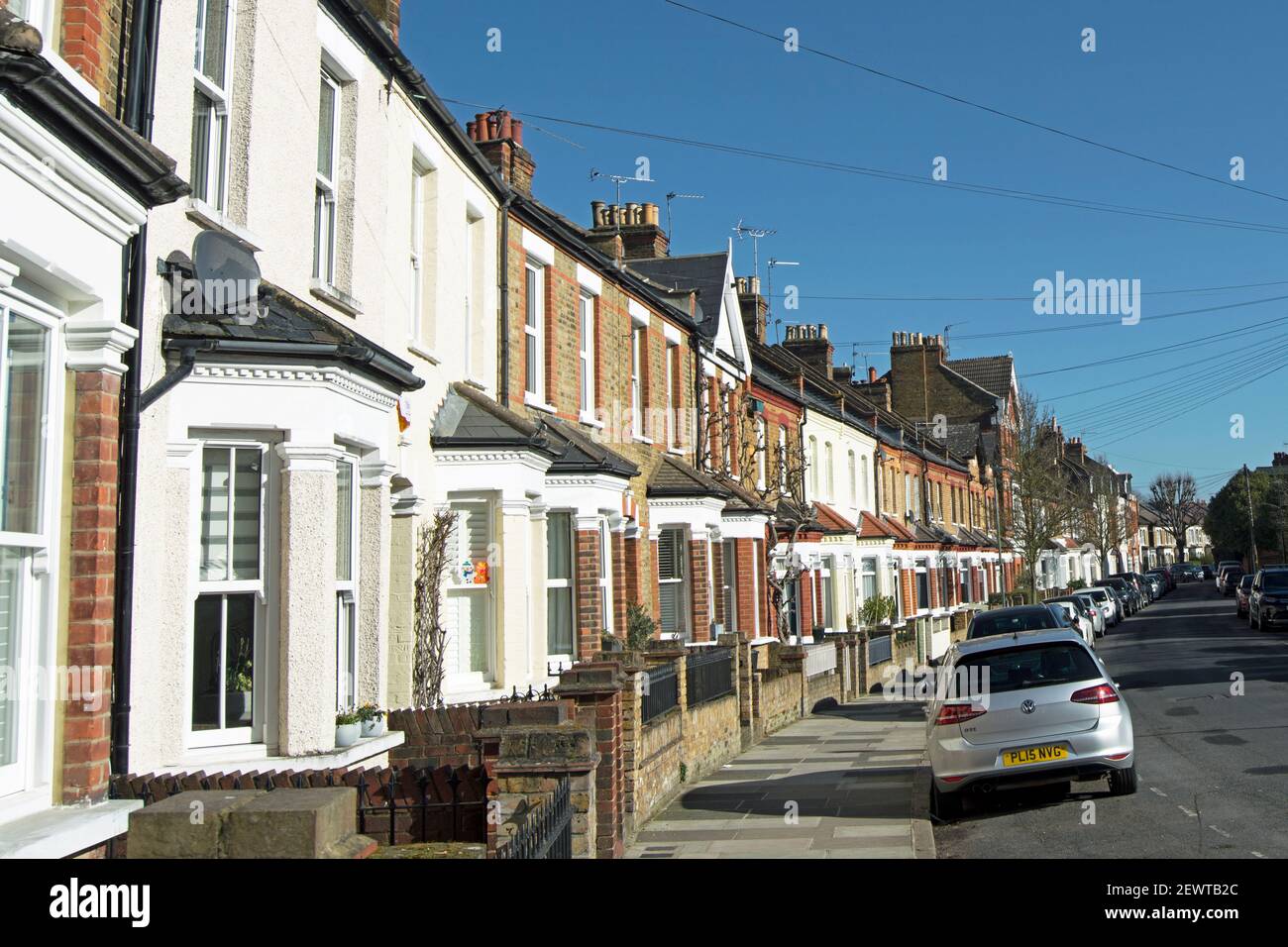 19th century terraced houses with bay windows on a curving street in