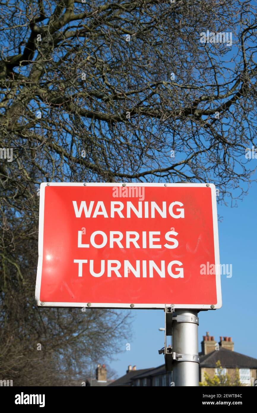 warning lorries turning, road sign close to the former mortlake brewery, mortlake, london, england Stock Photo