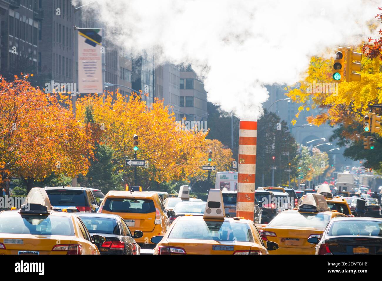 Uptown Manhattan Park Avenue traffic goes through under rising stem among the rows of autumn leaf color trees at New York City NY USA. Stock Photo