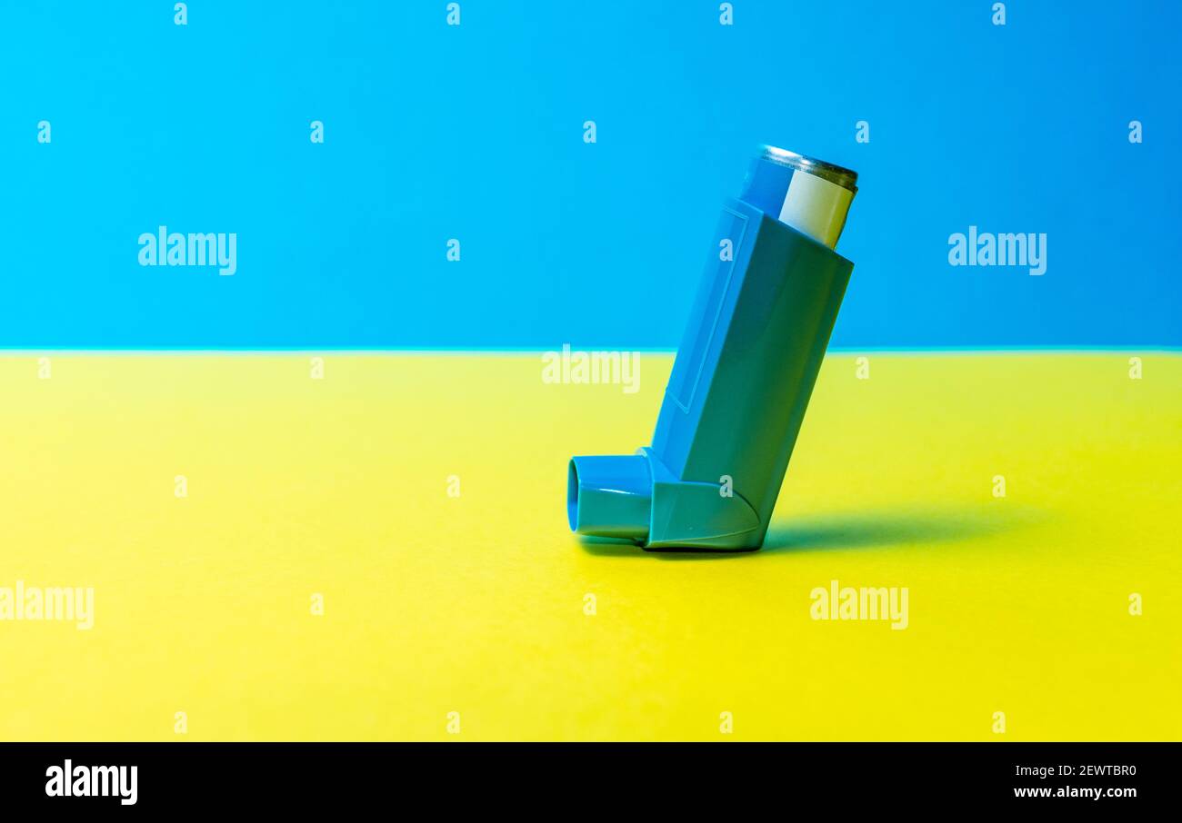 Horizontal photograph of an asthma inhaler. Remedy for asthma. Allergic