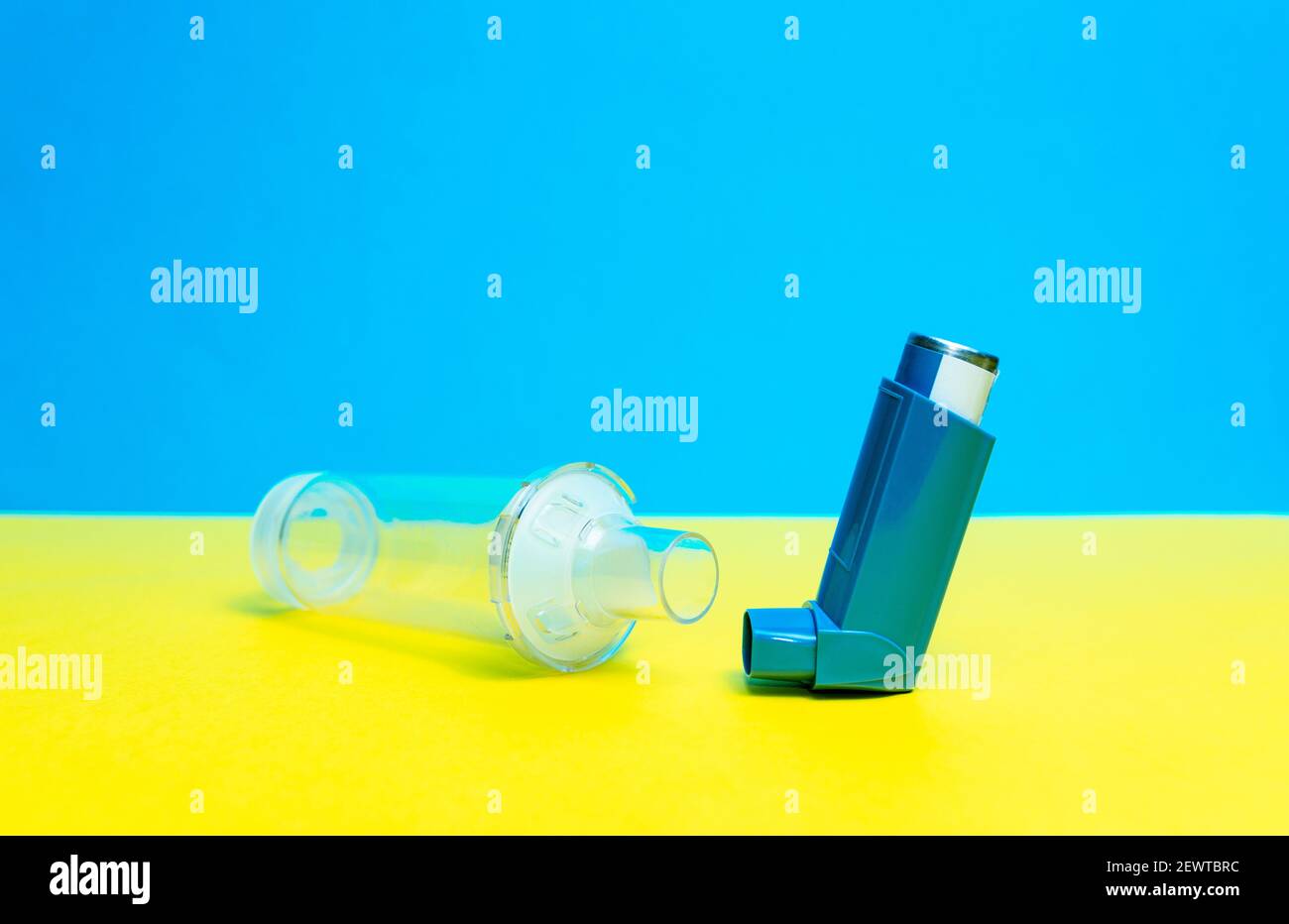 Horizontal photograph of an asthma inhaler. Remedy for asthma. Allergic