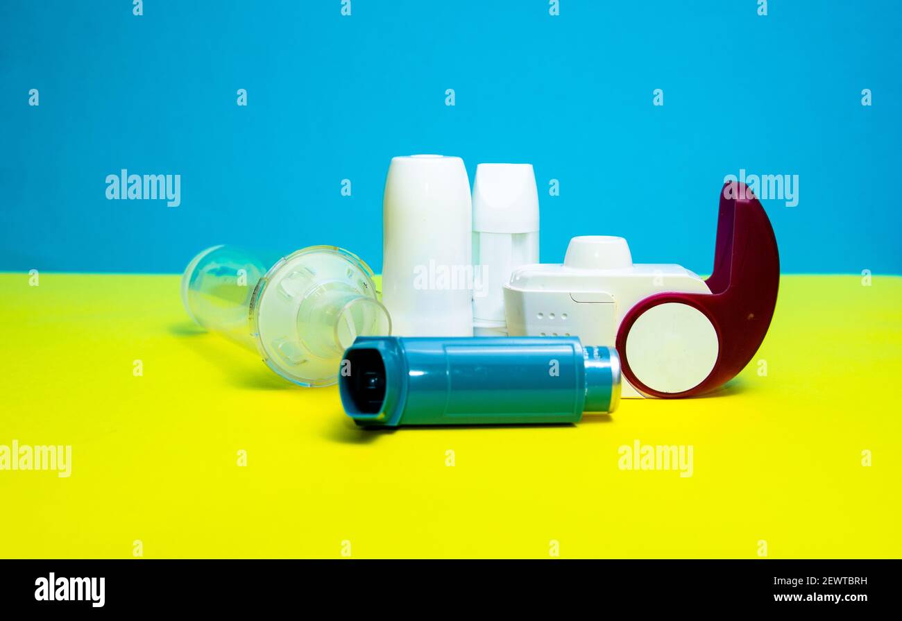 Horizontal photograph of an asthma inhaler. Remedy for asthma. Allergic