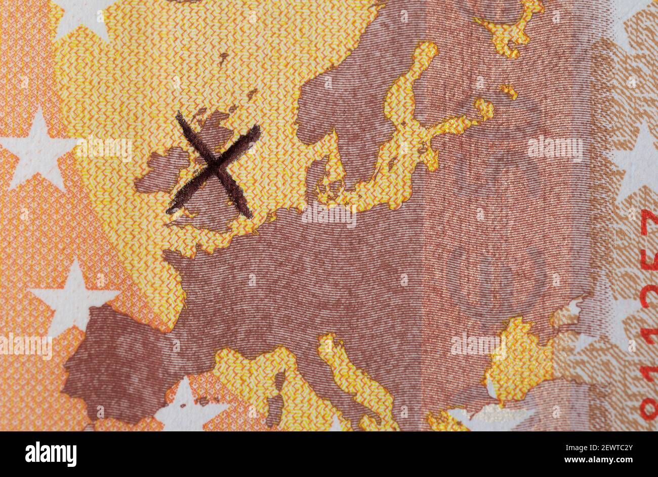 Brexit (detail of a 50 euro note with X drawn on UK map) Stock Photo