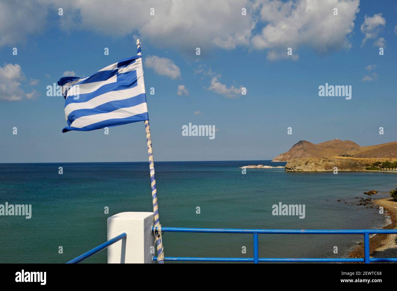 Greek flag in Agios Ioannis, Lemnos Island, Greece Stock Photo