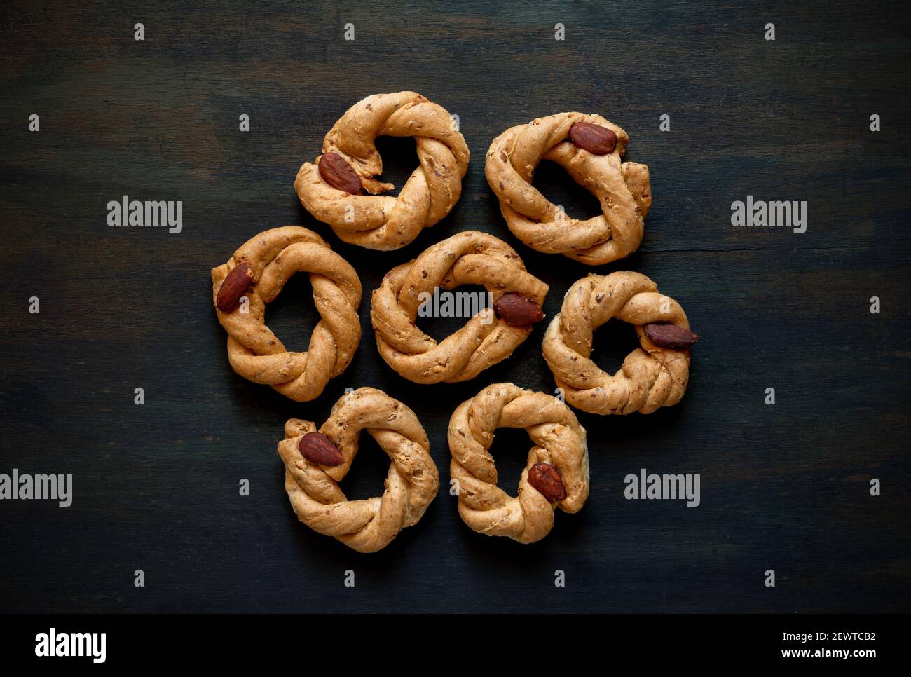 Top view of Neapolitan cookies called taralli made with lard almond and
