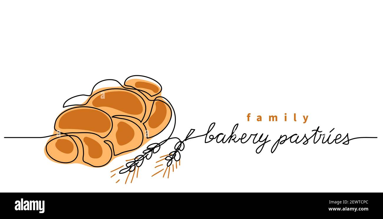 Bakery pastries vector sign, banner, poster, background. One continuous line drawing of bun bread with lettering family bakery pastries Stock Vector