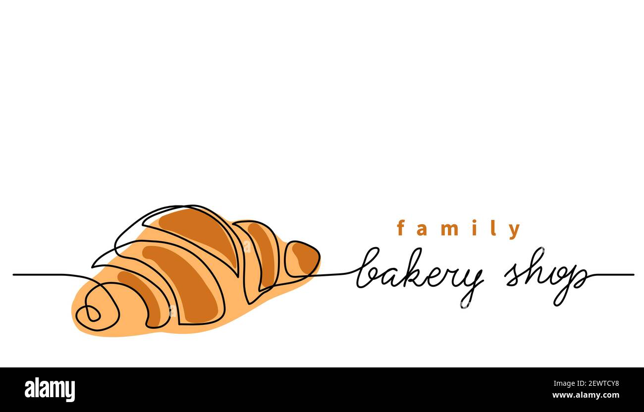 Bakery shop or store vector sign, banner, poster, background. One continuous line drawing of croissant with lettering family bakery shop Stock Vector