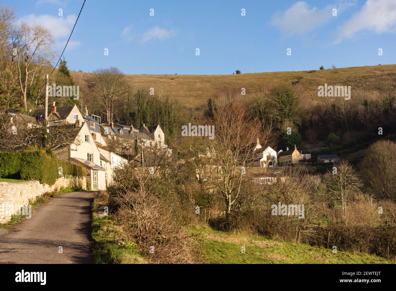 View of Kingscourt with Rodborough Common in background, Gloucestershire, UK Stock Photo