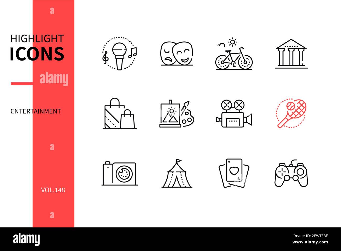 Entertainment - modern line design style icons set. Leisure and hobby concept. Music, theater, bicycle, museum, shopping, painting, cinema, sport, pho Stock Vector