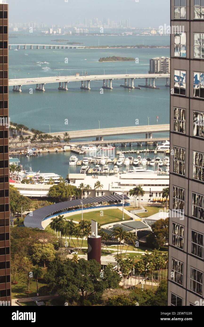 Miami, FL, USA. View from Downtown over the Biscayne Bay, with the Bayfront Park Amphitheater, marina, MacArthur Causeway & Julia Tuttle Causeway. Stock Photo