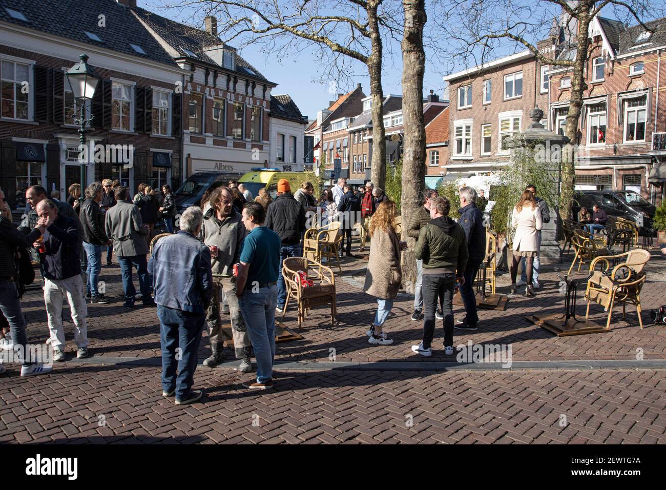 Breda, Netherlands. 03rd Mar, 2021. People enjoying at a local restaurant during the demonstration.Supported by Forum for Democracy political party, (FvD) (Forum voor Democratie), owners of open-air terraces of restaurants, cafes and bars opened their businesses as part of the anti-lockdown protests, asking the government to open open-air areas immediately. Credit: SOPA Images Limited/Alamy Live News Stock Photo